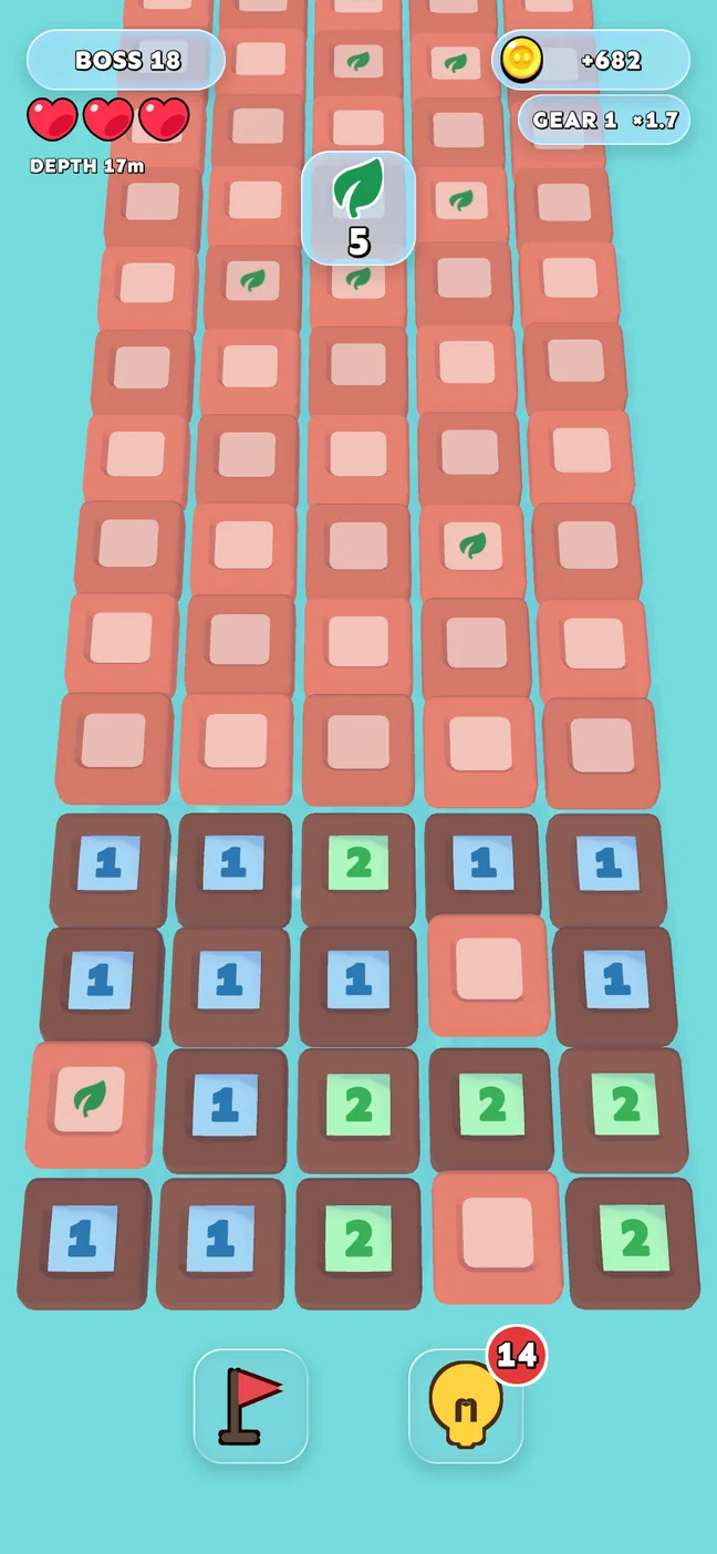 A scrolling Sweep boss level with number clues and mine flags