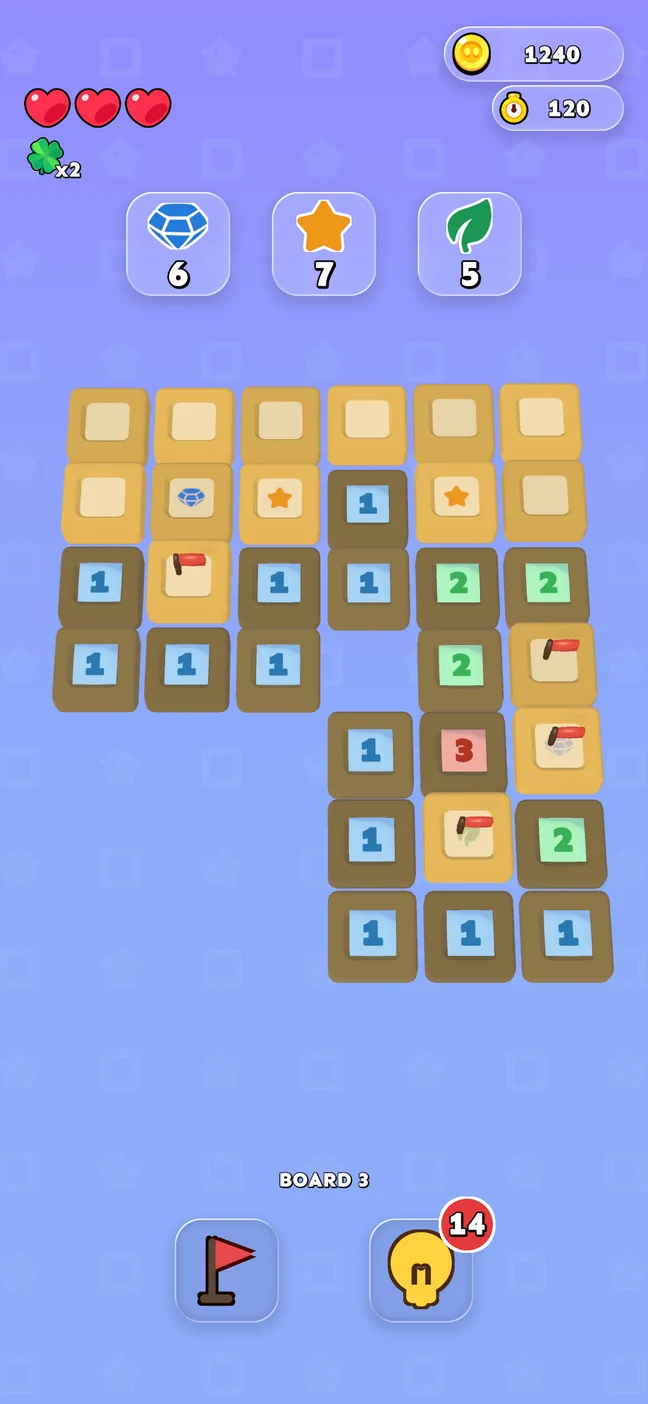Real Sweep gameplay: golden cells, number clues, flags, and three hearts